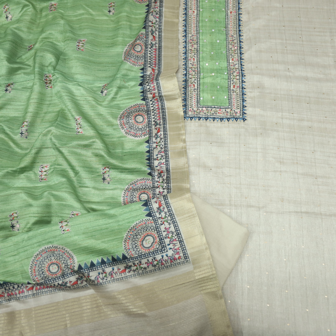 Tanzeel Sand Beige with Green Zari Work Printed Tussar Chanderi Suit Set