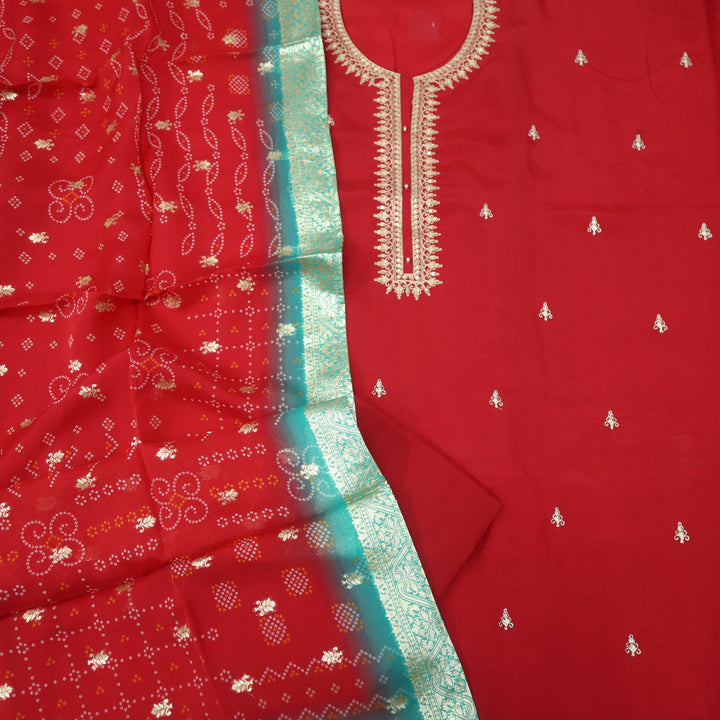 Aasha Bride Red Zari Embroidery Neck Work Dola Silk Suit Set