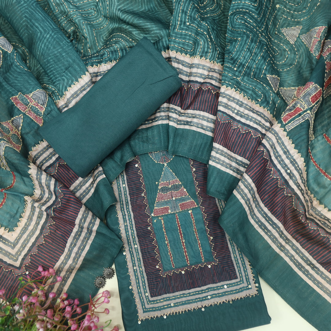 Kohinoor Primal Green Kantha Details with Sequence Work Printed Chanderi Suit Set