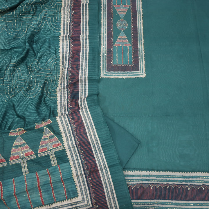 Kohinoor Primal Green Kantha Details with Sequence Work Printed Chanderi Suit Set