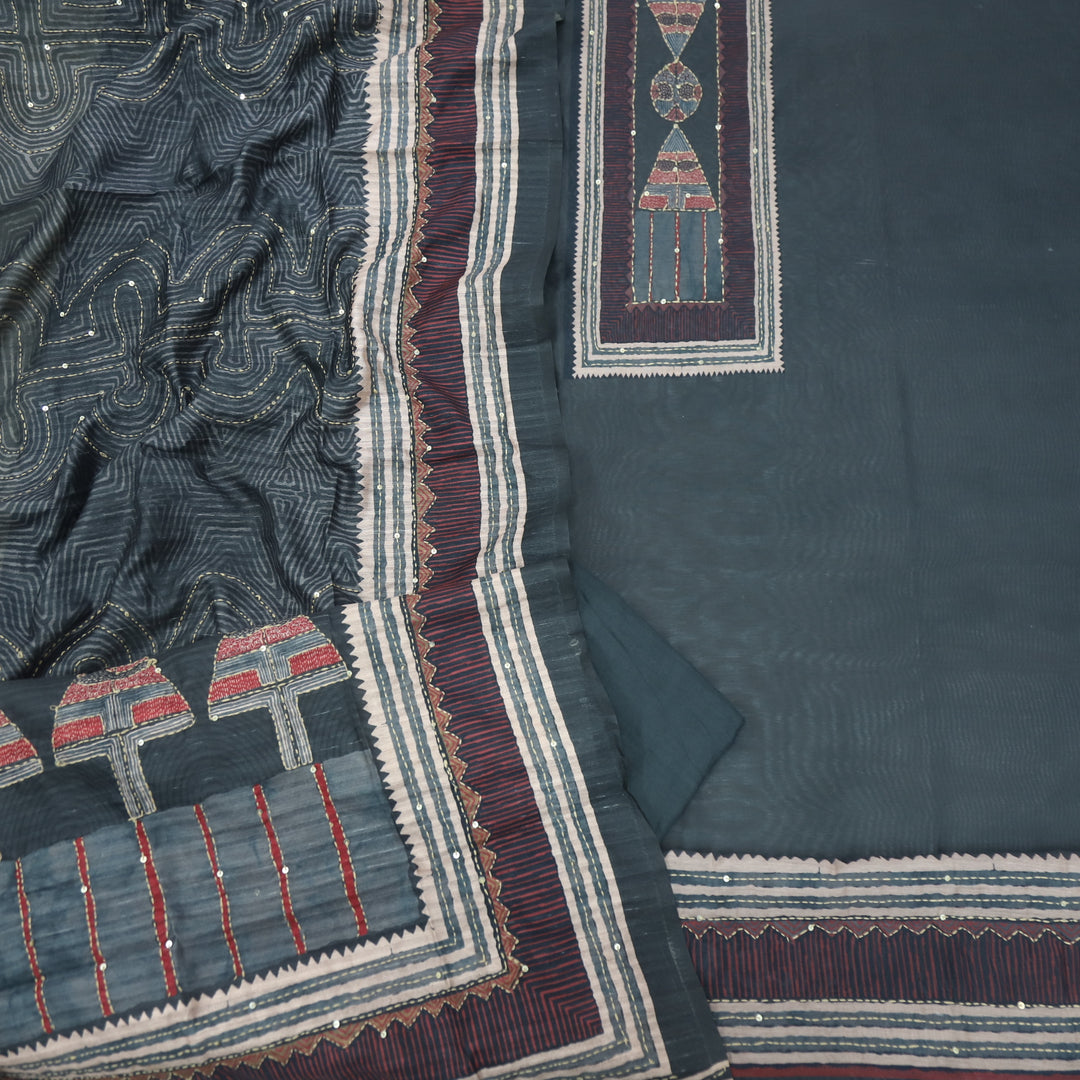 Kohinoor Charcoal Grey Kantha Details with Sequence Work Printed Chanderi Suit Set