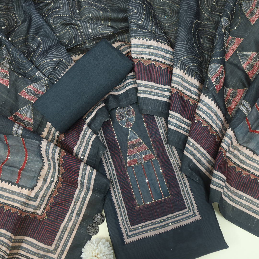 Kohinoor Charcoal Grey Kantha Details with Sequence Work Printed Chanderi Suit Set