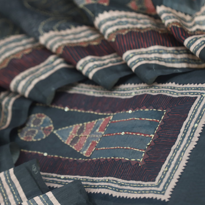 Kohinoor Charcoal Grey Kantha Details with Sequence Work Printed Chanderi Suit Set