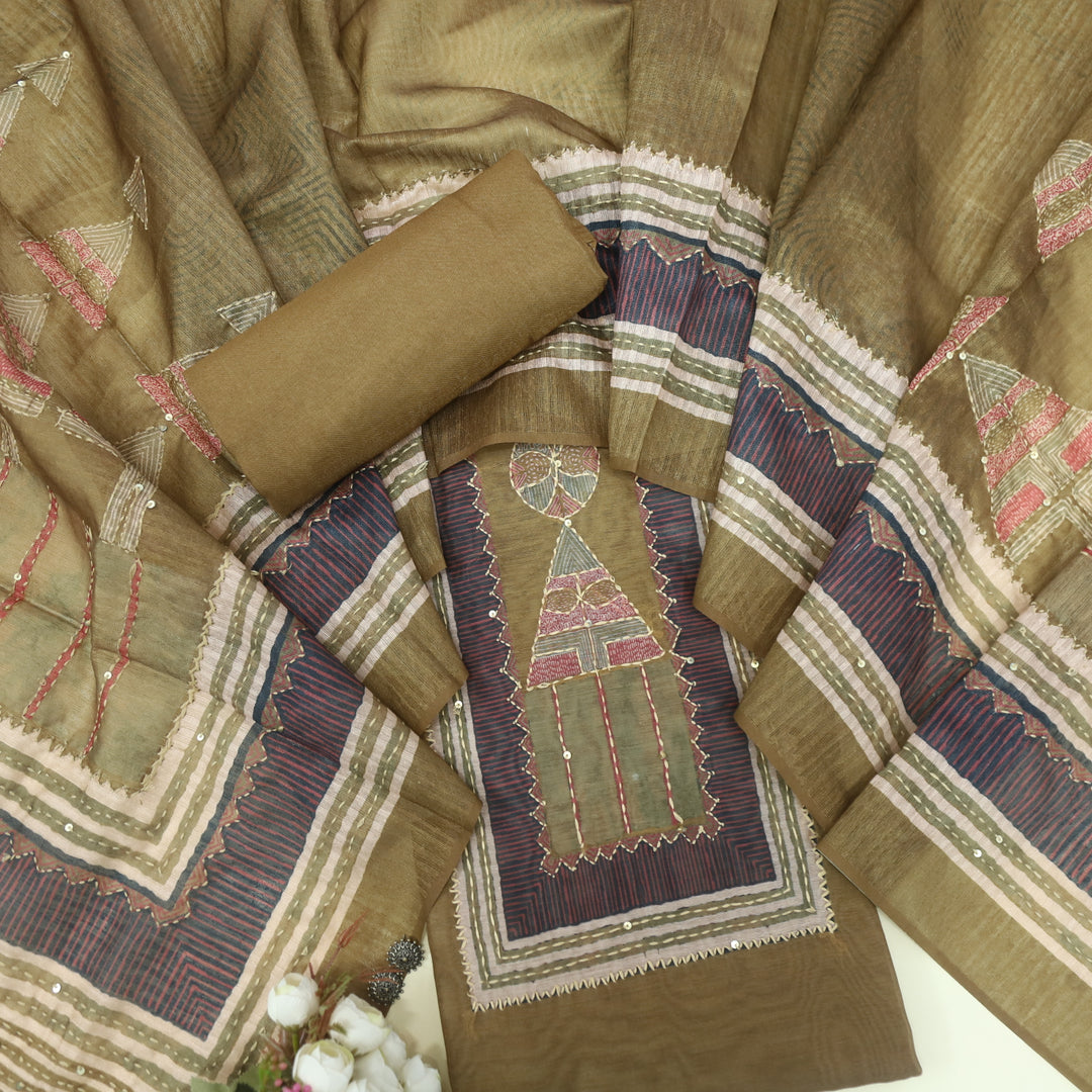 Kohinoor Mocha Brown Kantha Details with Sequence Work Printed Chanderi Suit Set