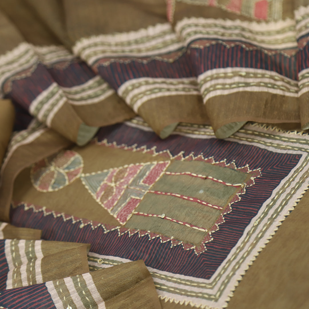 Kohinoor Mocha Brown Kantha Details with Sequence Work Printed Chanderi Suit Set