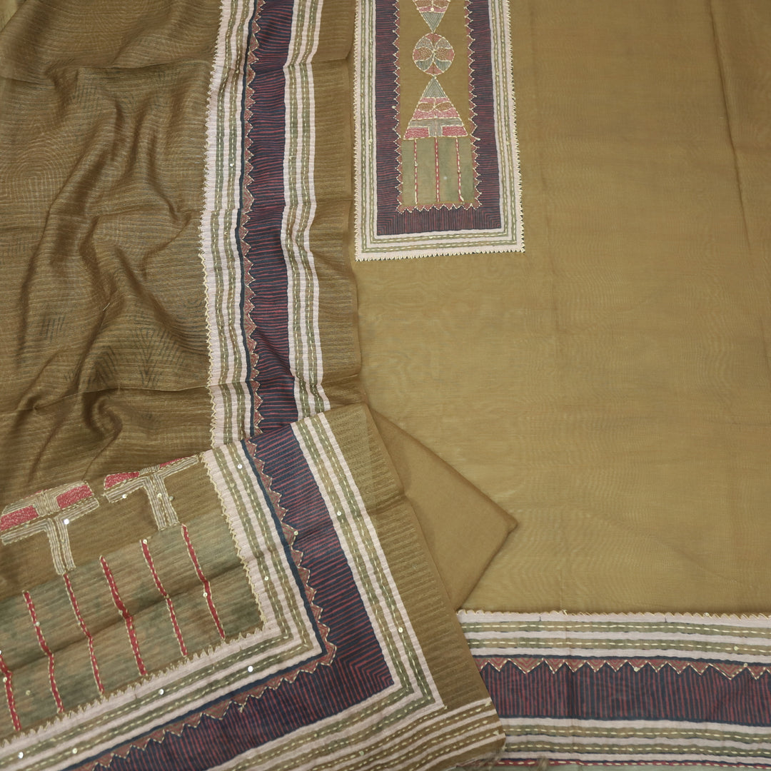 Kohinoor Mocha Brown Kantha Details with Sequence Work Printed Chanderi Suit Set