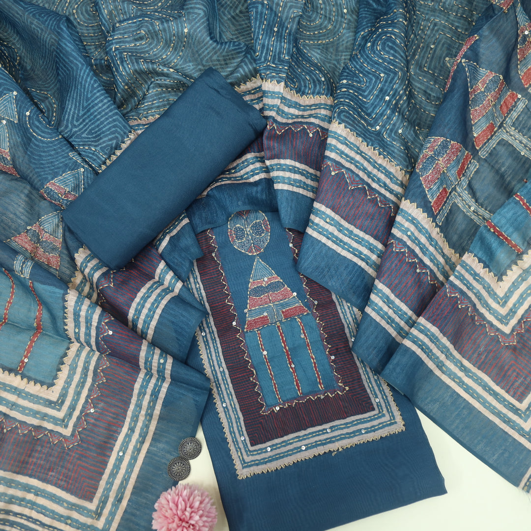 Kohinoor Ocean Blue Kantha Details with Sequence Work Printed Chanderi Suit Set