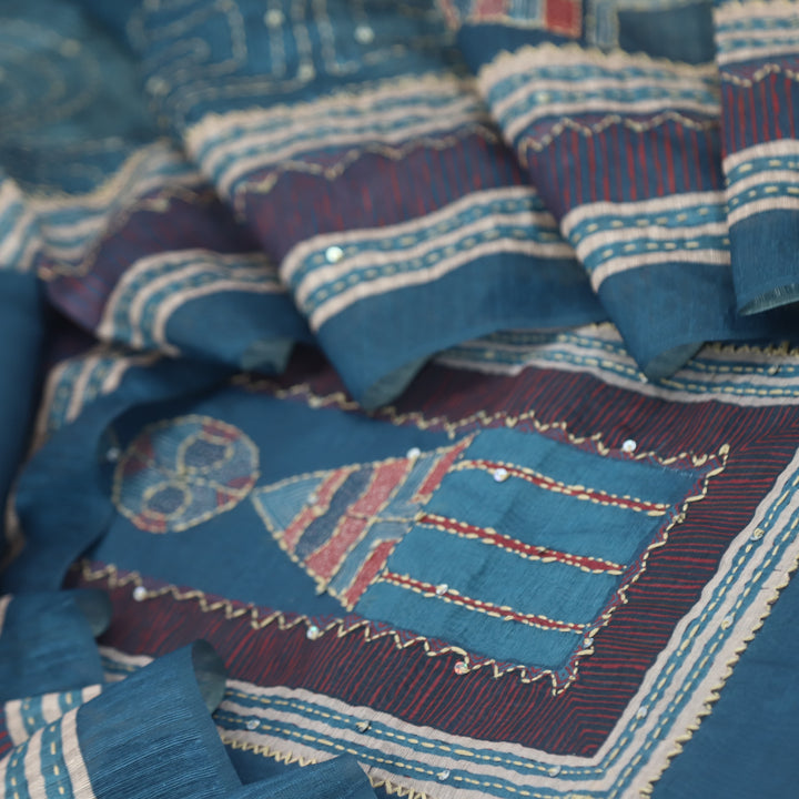 Kohinoor Ocean Blue Kantha Details with Sequence Work Printed Chanderi Suit Set