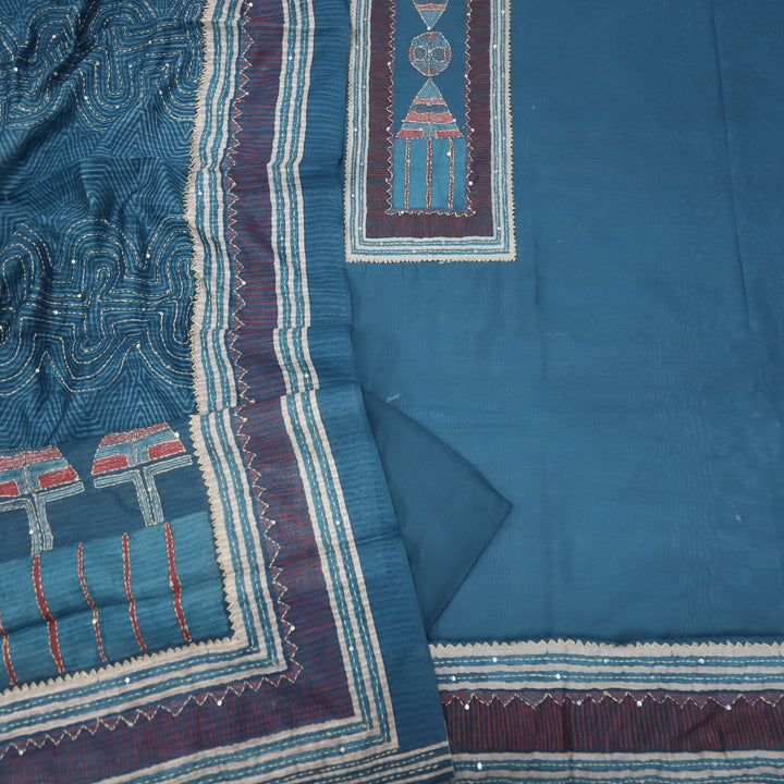 Kohinoor Ocean Blue Kantha Details with Sequence Work Printed Chanderi Suit Set