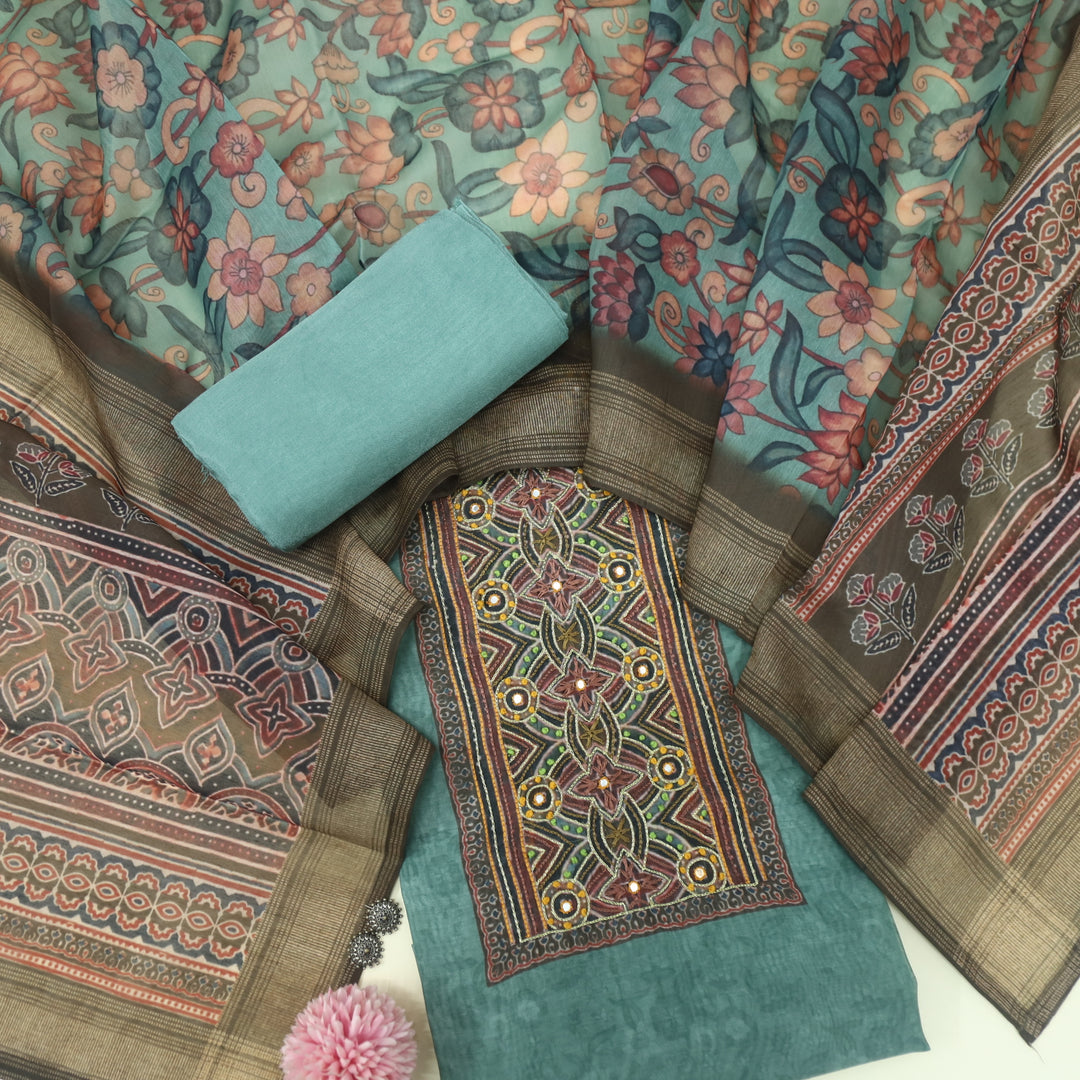 Pardesiya Jungle Green Zari Work with French Knot Printed Chanderi Suit Set