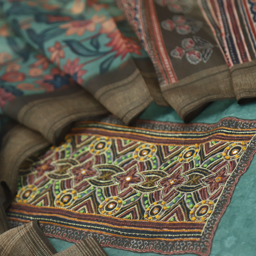 Pardesiya Jungle Green Zari Work with French Knot Printed Chanderi Suit Set