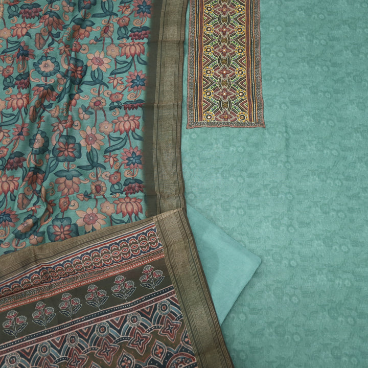 Pardesiya Jungle Green Zari Work with French Knot Printed Chanderi Suit Set