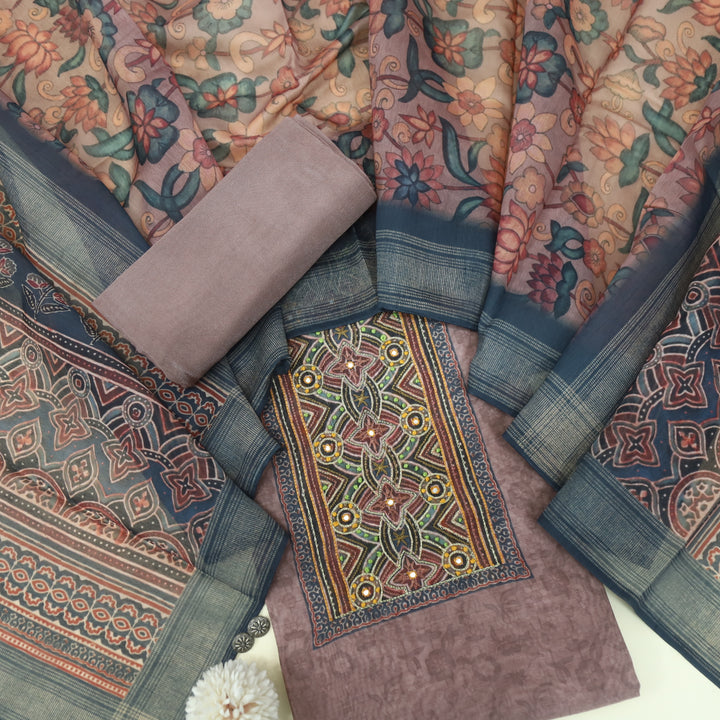Pardesiya Chestnut BrownZari Work with French Knot Printed Chanderi Suit Set