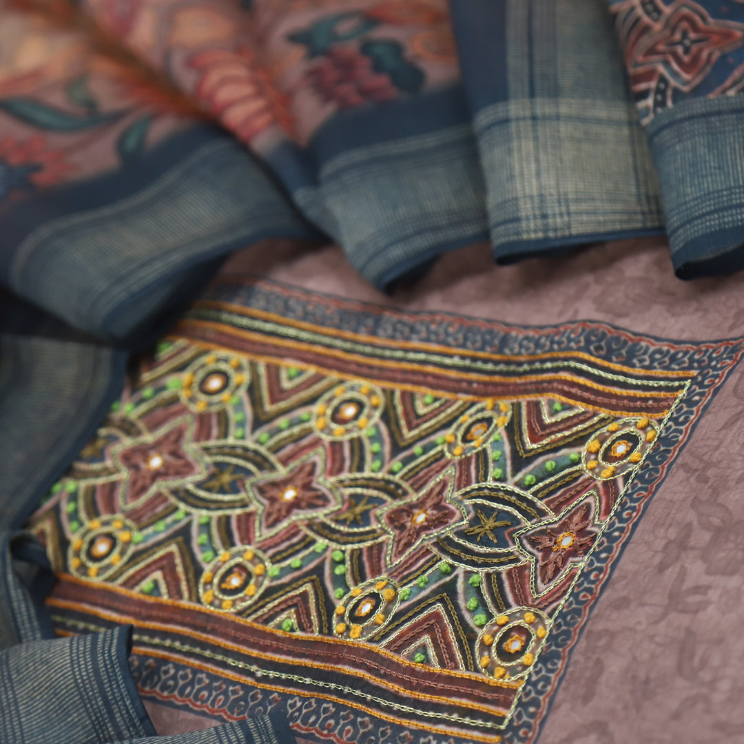 Pardesiya Chestnut BrownZari Work with French Knot Printed Chanderi Suit Set