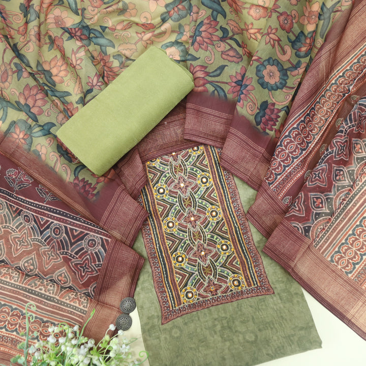 Pardesiya Army Green Zari Work with French Knot Printed Chanderi Suit Set