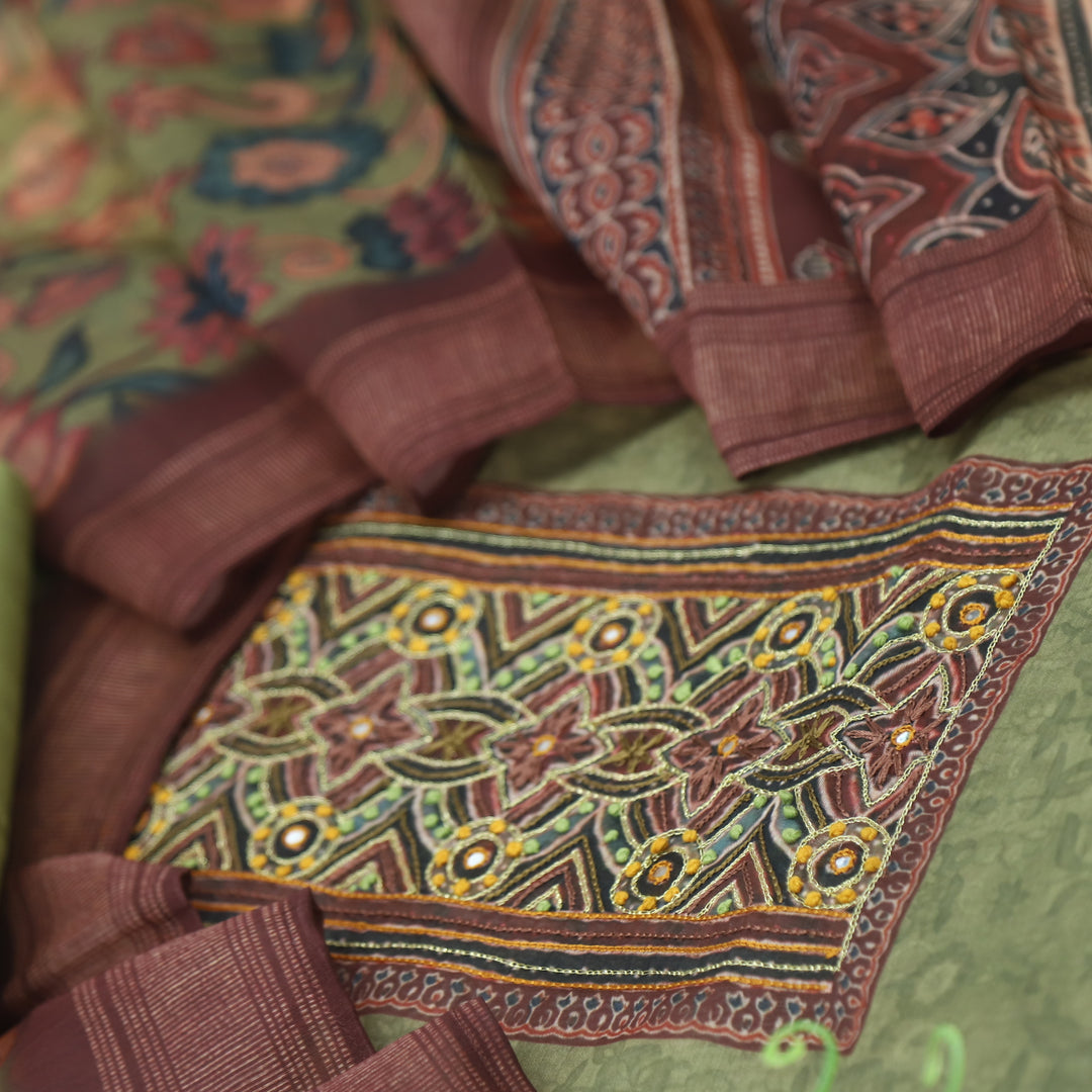 Pardesiya Army Green Zari Work with French Knot Printed Chanderi Suit Set