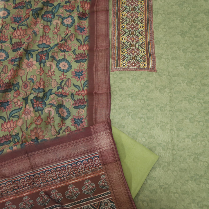 Pardesiya Army Green Zari Work with French Knot Printed Chanderi Suit Set