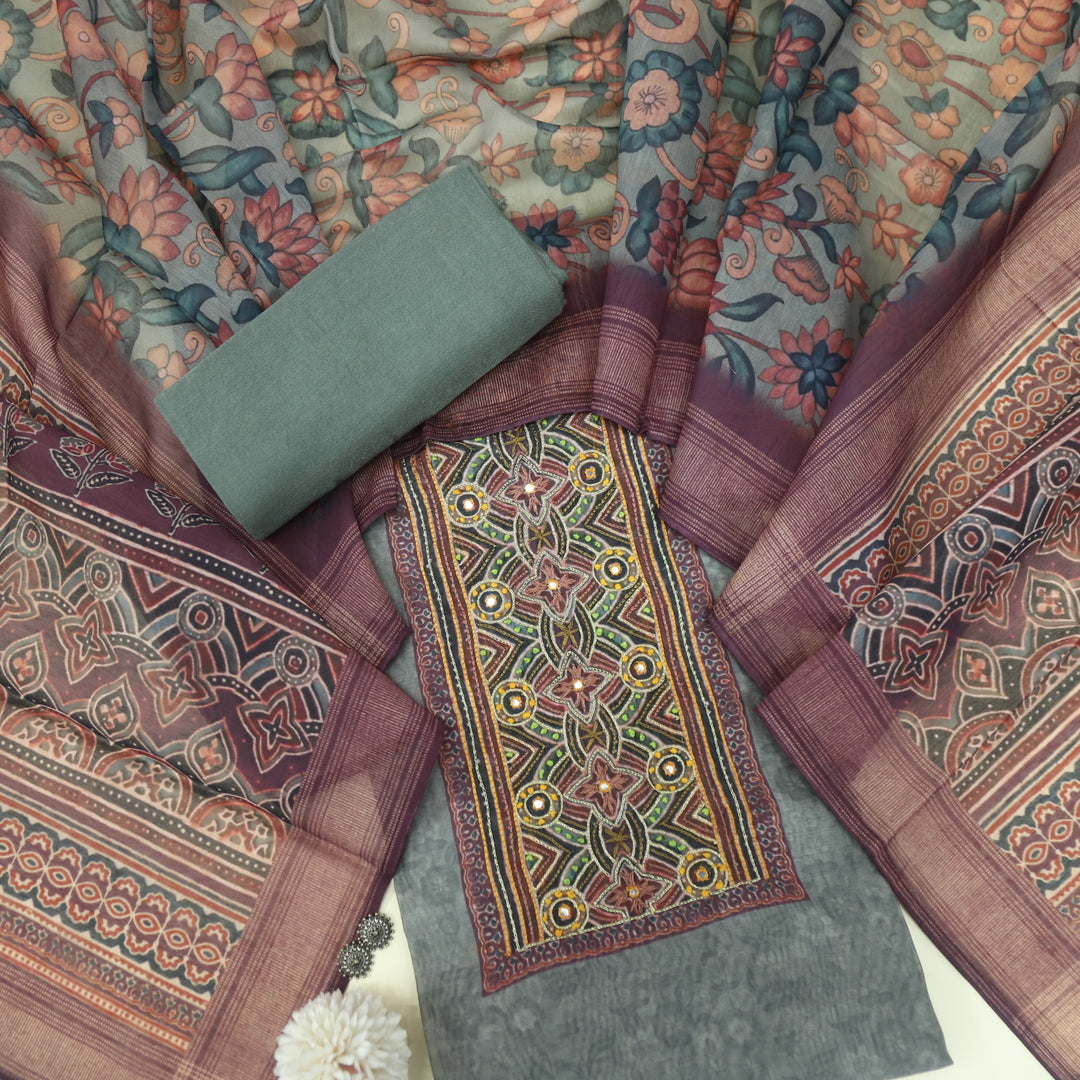 Pardesiya Fern Grey Zari Work with French Knot Printed Chanderi Suit Set