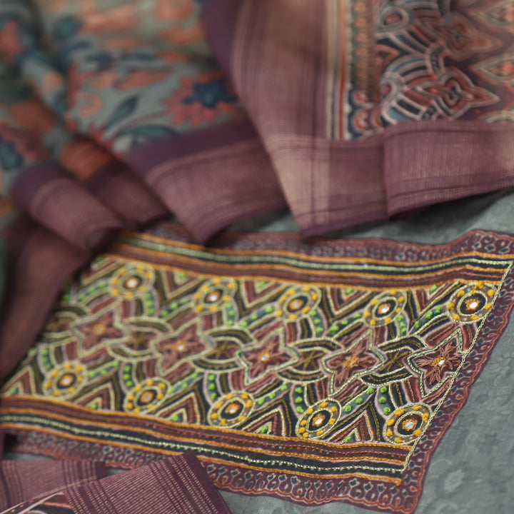 Pardesiya Fern Grey Zari Work with French Knot Printed Chanderi Suit Set