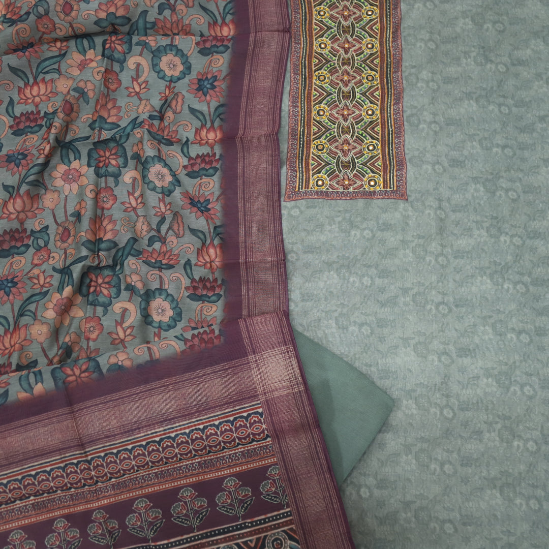 Pardesiya Fern Grey Zari Work with French Knot Printed Chanderi Suit Set