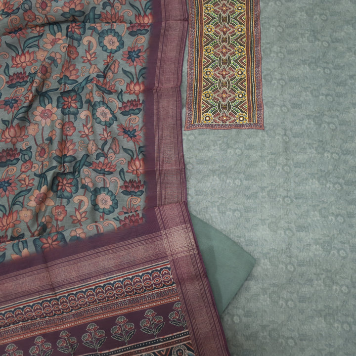 Pardesiya Fern Grey Zari Work with French Knot Printed Chanderi Suit Set