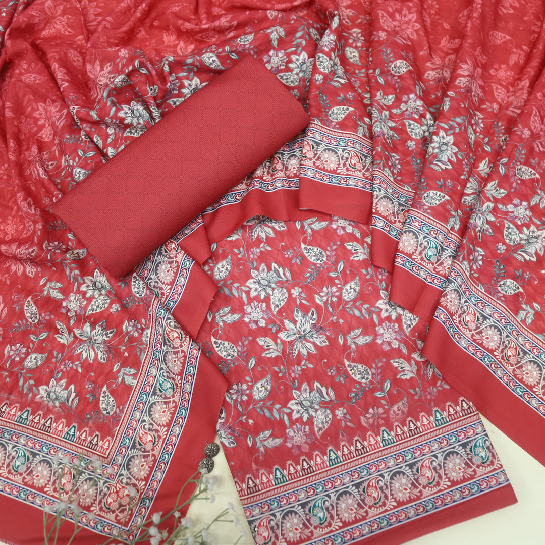 Farishta Crimson Red Digital Floral Printed Semi Pashmina Suit Set