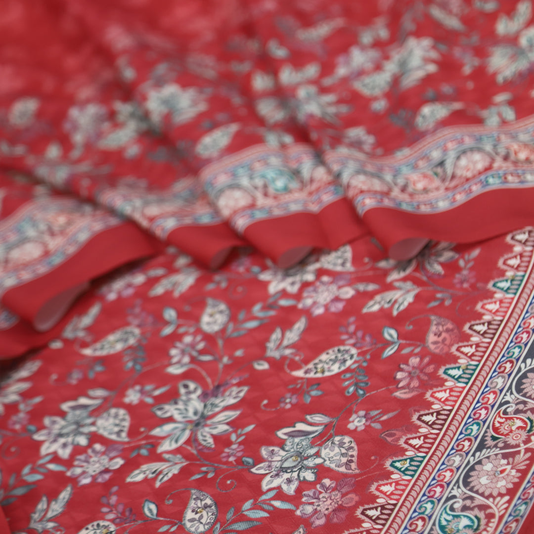 Farishta Crimson Red Digital Floral Printed Semi Pashmina Suit Set