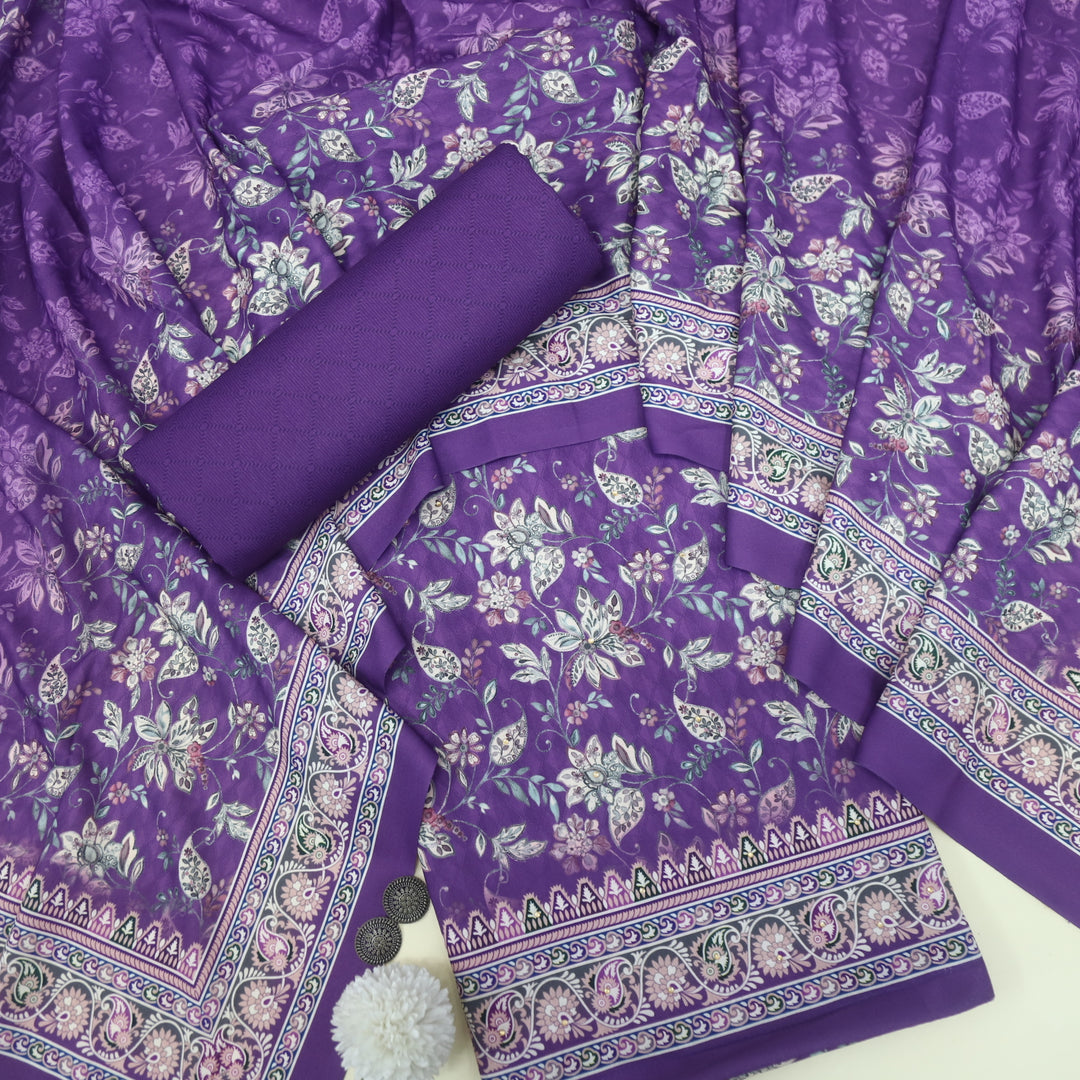 Farishta Lilac Shadow Digital Floral Printed Semi Pashmina Suit Set