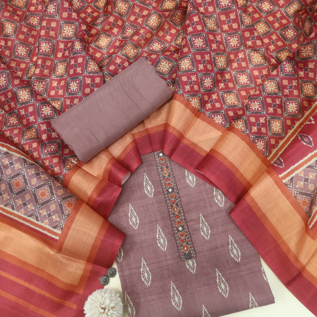 Pardesiya Pecan Brown Digital Printed Lace Neck Work Chanderi Suit Set