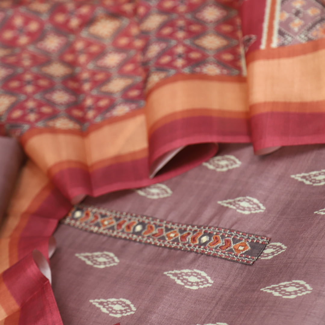Pardesiya Pecan Brown Digital Printed Lace Neck Work Chanderi Suit Set