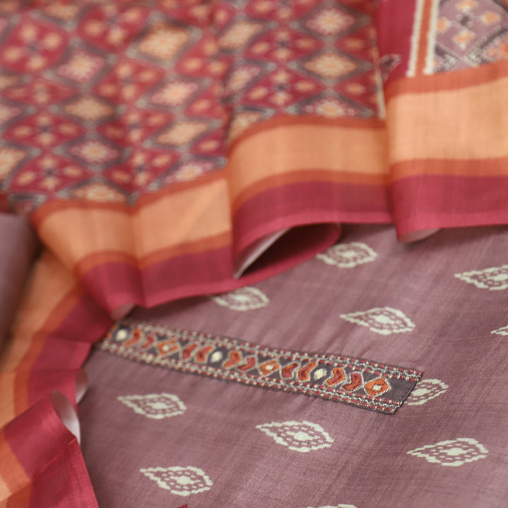 Pardesiya Pecan Brown Digital Printed Lace Neck Work Chanderi Suit Set