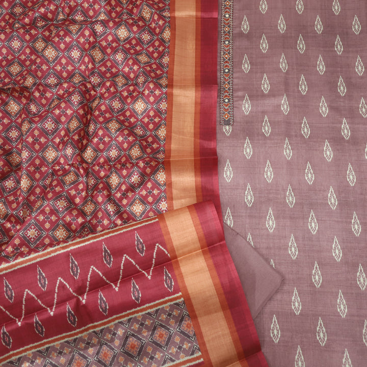 Pardesiya Pecan Brown Digital Printed Lace Neck Work Chanderi Suit Set