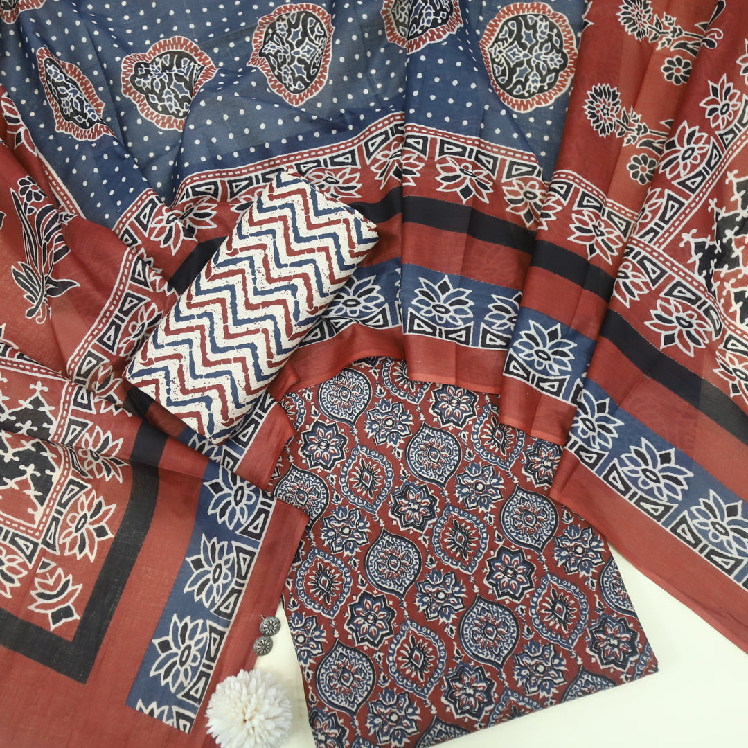 Kashish Cherry Red All Over Ajrak Printed Jam Cotton Suit Set D1