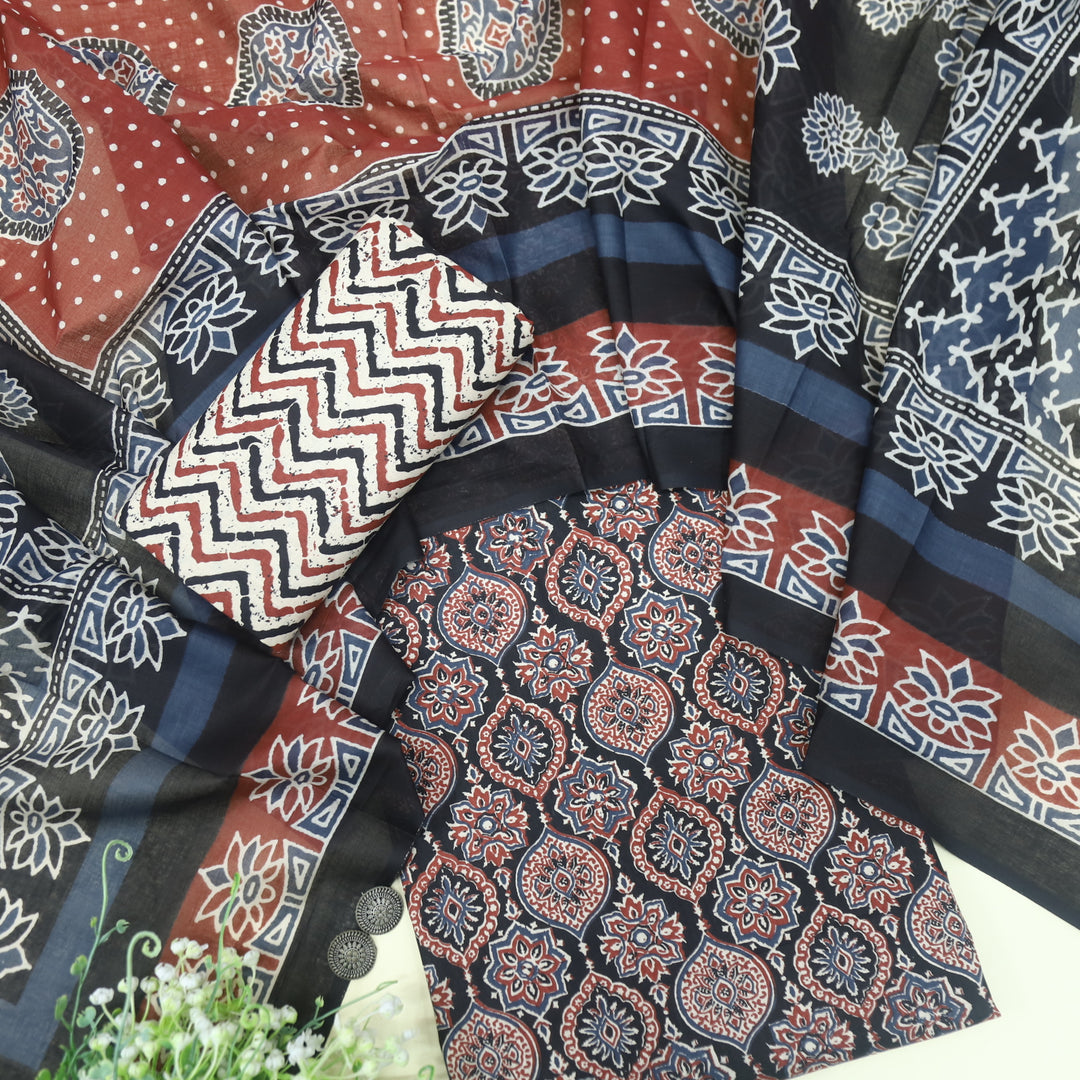 Kashish Ebony Black All Over Ajrak Printed Jam Cotton Suit Set D1