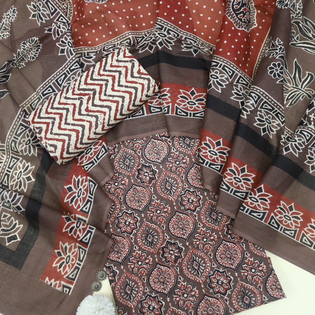 Kashish Choco Brown All Over Ajrak Printed Jam Cotton Suit Set D1