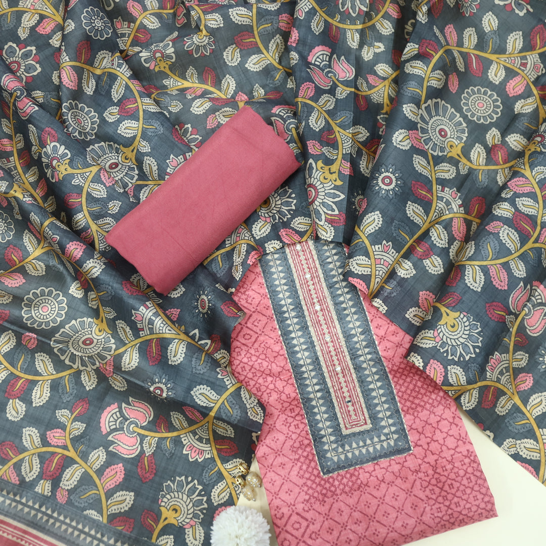 Zameer Flamingo Pink Zari Neck Work Printed Tusaar Chanderi Suit Set