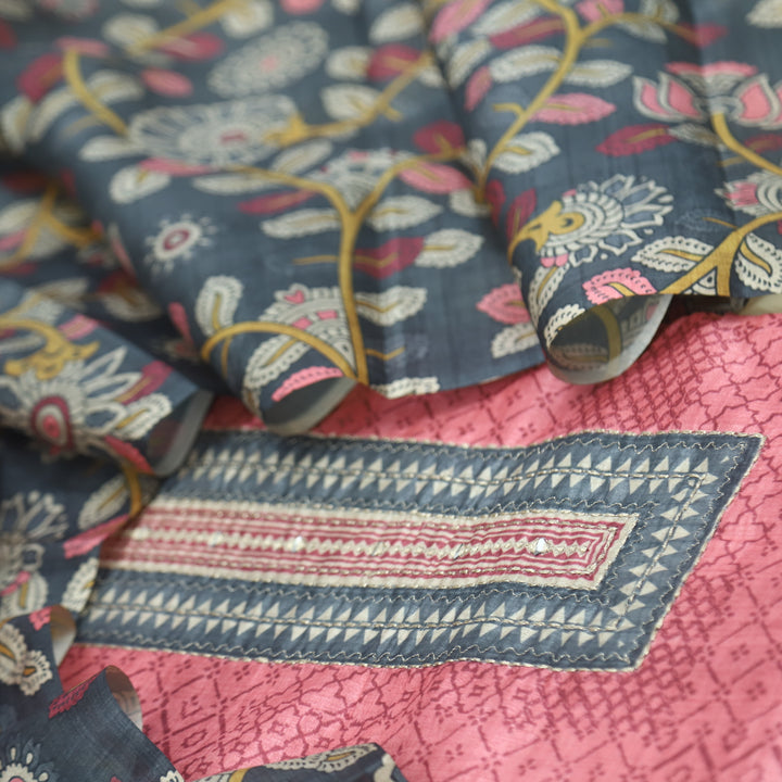Zameer Flamingo Pink Zari Neck Work Printed Tusaar Chanderi Suit Set