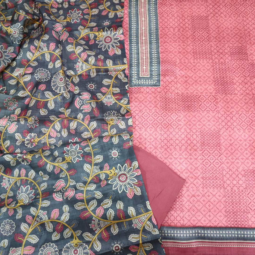 Zameer Flamingo Pink Zari Neck Work Printed Tusaar Chanderi Suit Set