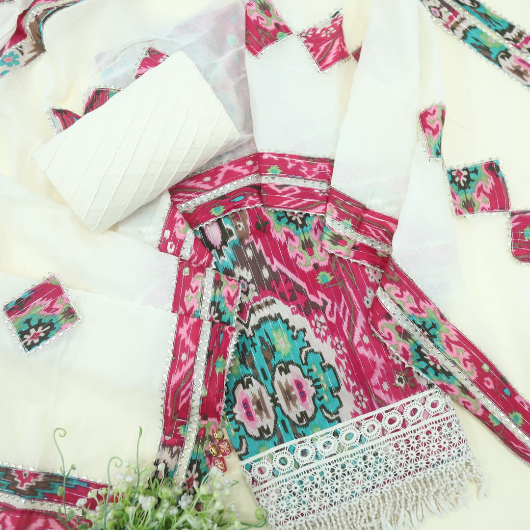 Talab Barbie Pink Lace Work Hem Floral Printed Cotton Suit Set