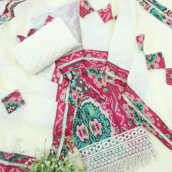 Talab Barbie Pink Lace Work Hem Floral Printed Cotton Suit Set