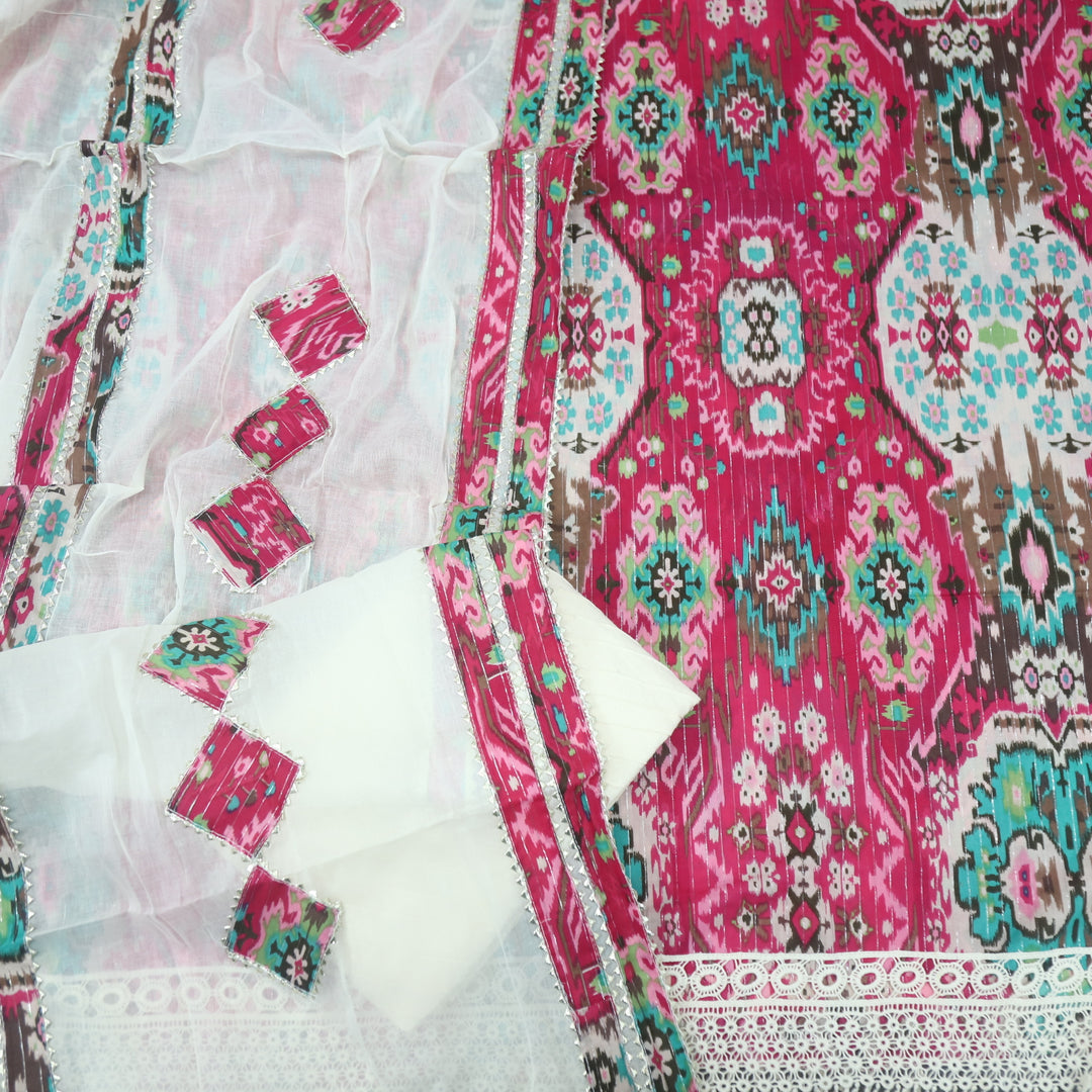 Talab Barbie Pink Lace Work Hem Floral Printed Cotton Suit Set