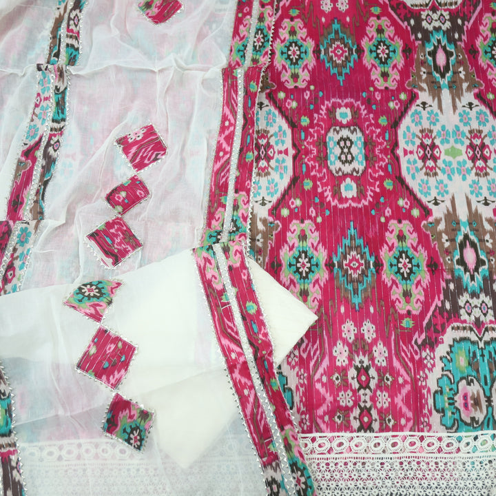 Talab Barbie Pink Lace Work Hem Floral Printed Cotton Suit Set