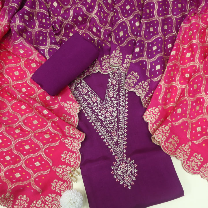 Amber Magenta Purple Zari Embroidery V Neck Dola Silk Suit Set