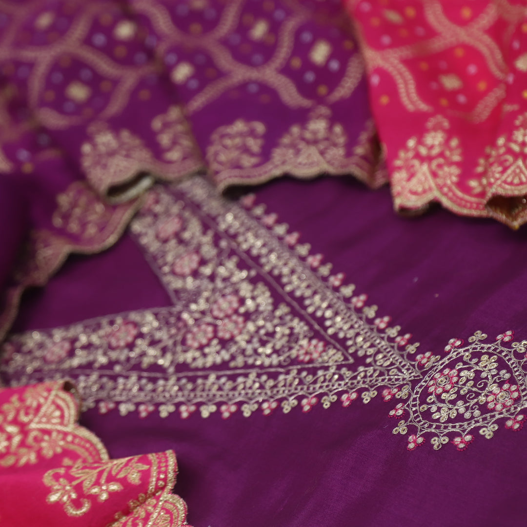 Amber Magenta Purple Zari Embroidery V Neck Dola Silk Suit Set