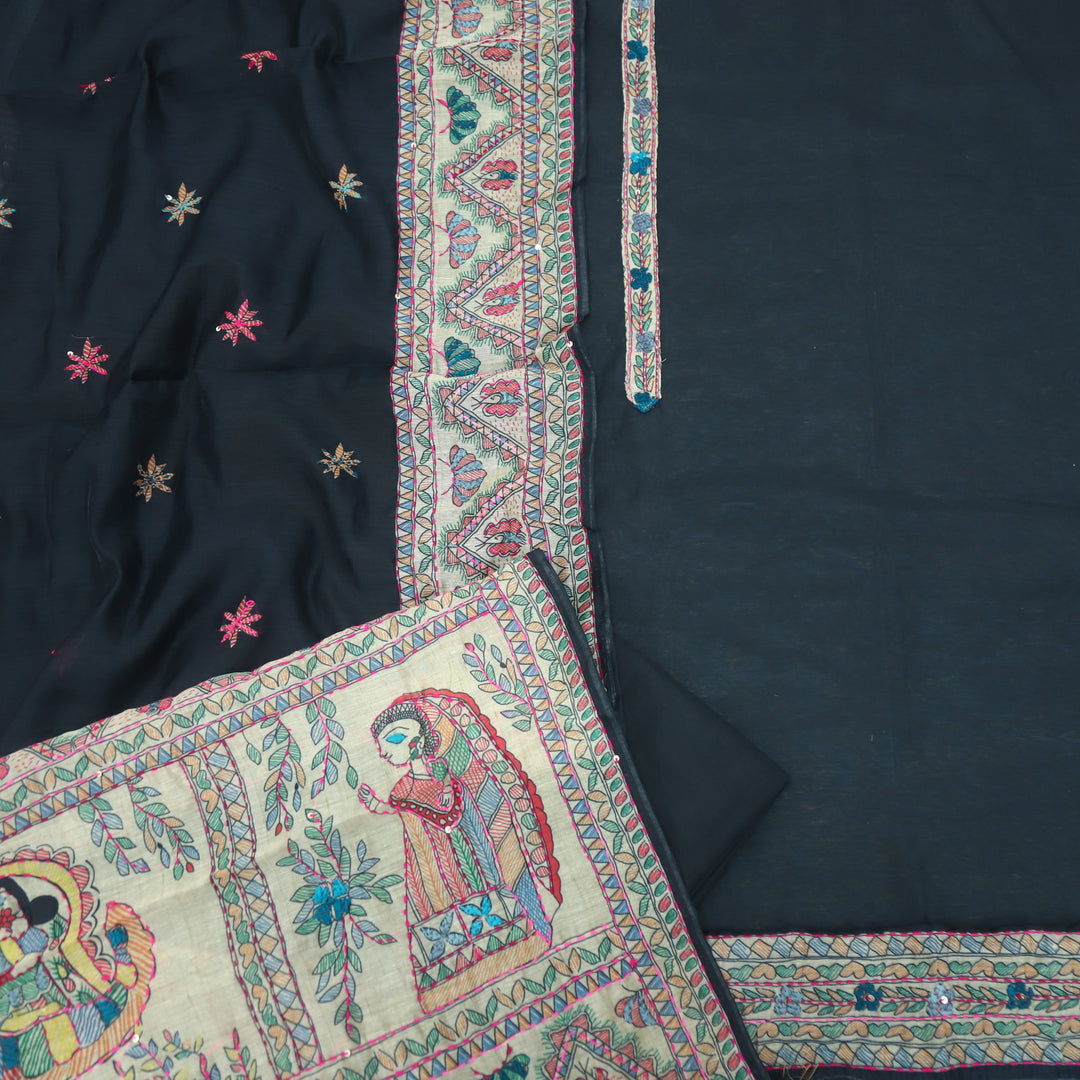 Keher Ebony Black Kantha Work with Madhubani Printed Chanderi Suit Set
