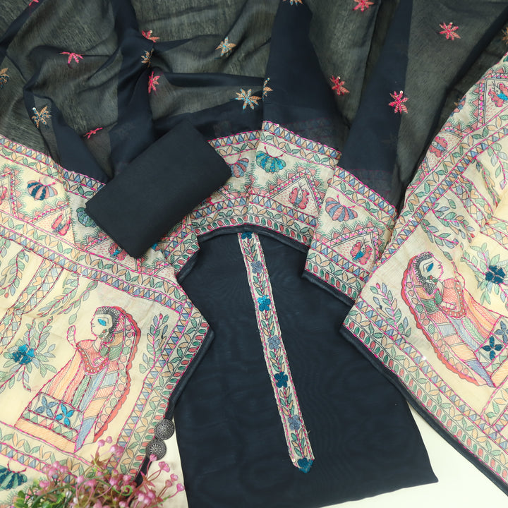 Keher Ebony Black Kantha Work with Madhubani Printed Chanderi Suit Set