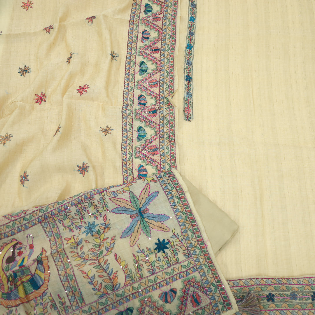 Keher Beige Yellow Kantha Work with Madhubani Printed Chanderi Suit Set