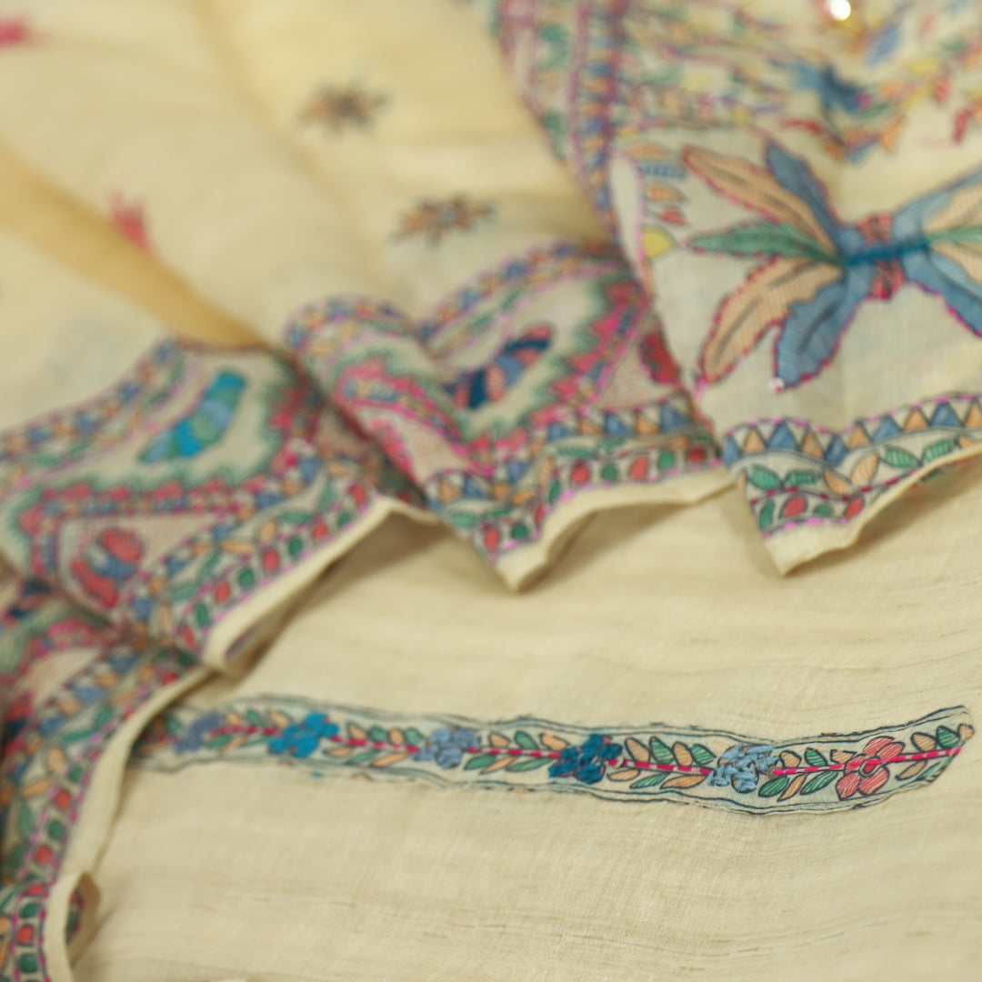 Keher Beige Yellow Kantha Work with Madhubani Printed Chanderi Suit Set