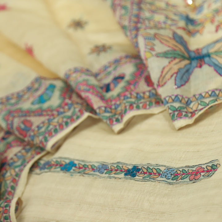 Keher Beige Yellow Kantha Work with Madhubani Printed Chanderi Suit Set