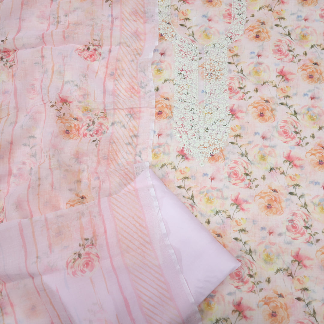 Riwayaat Baby Pink Thread Neck Work Floral Printed Cotton Linen Suit Set